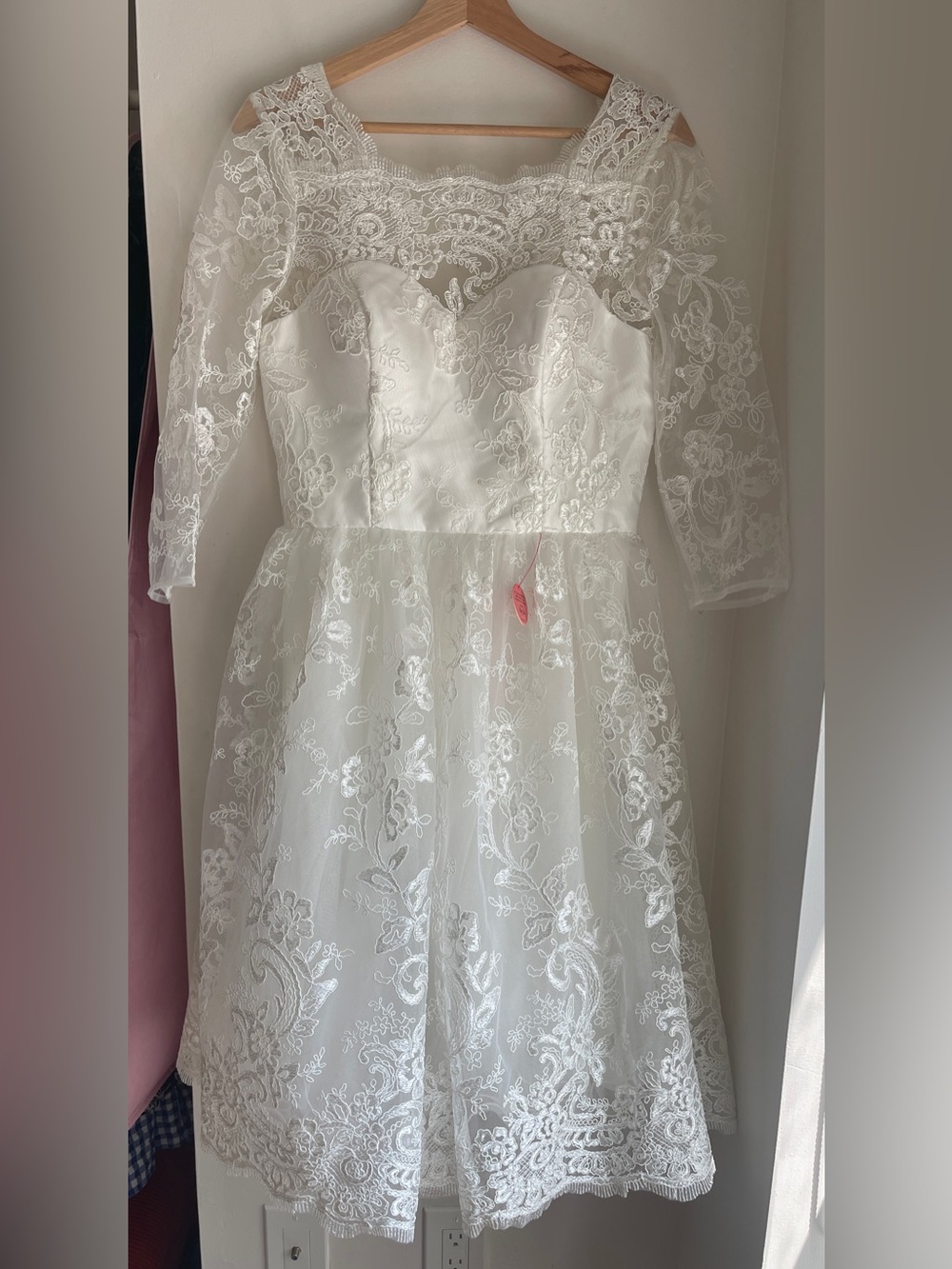 Bridal Sweetheart Neckline Woven Floral Embroidery Tea-Length Wedding Midi Dress - Picture 7 of 16